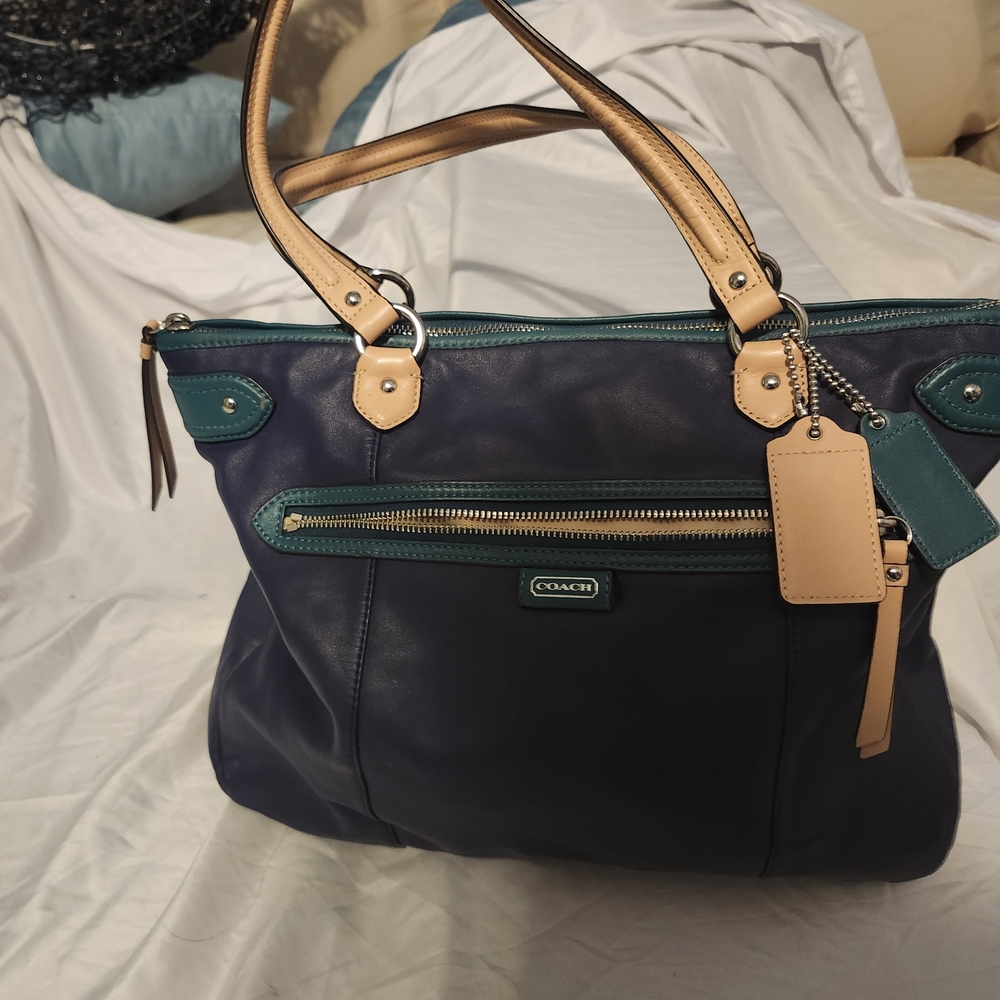 Coach Navy Leather Tote with Teal Trim and Tan Handles
